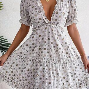 Floral Frill Trim Ruffle Dresa